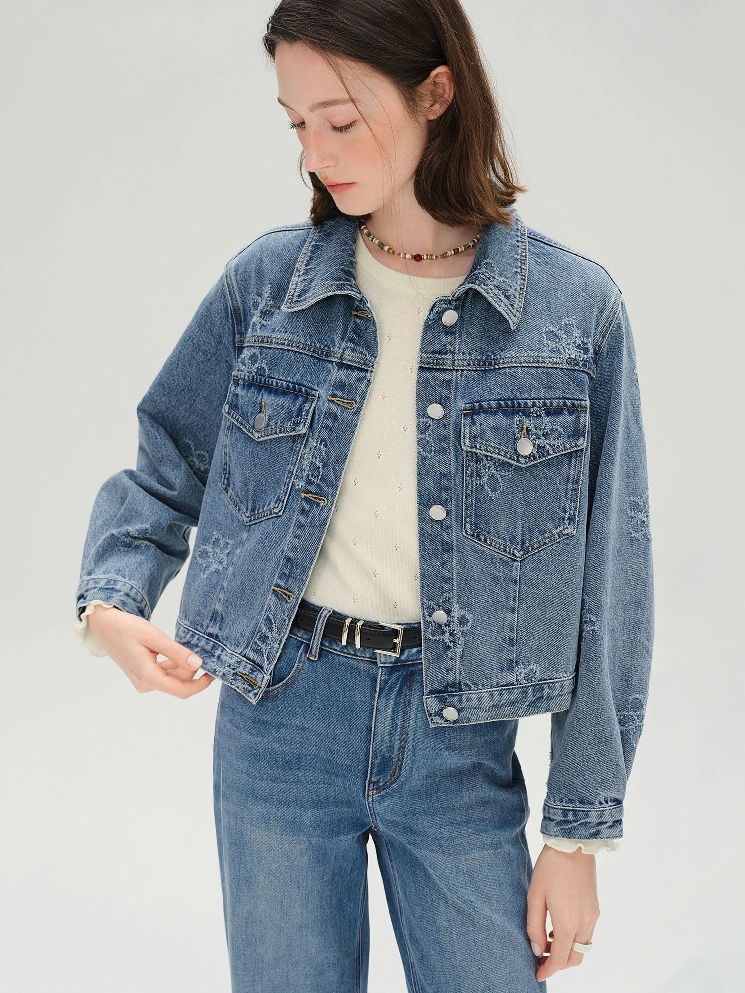 DUSHU Plus-Size【Denim Party】 Fringed Flower Denim Jacket with Suspenders Skirt 2025 Fall Denim Outfit 25DS83159+25DS83123