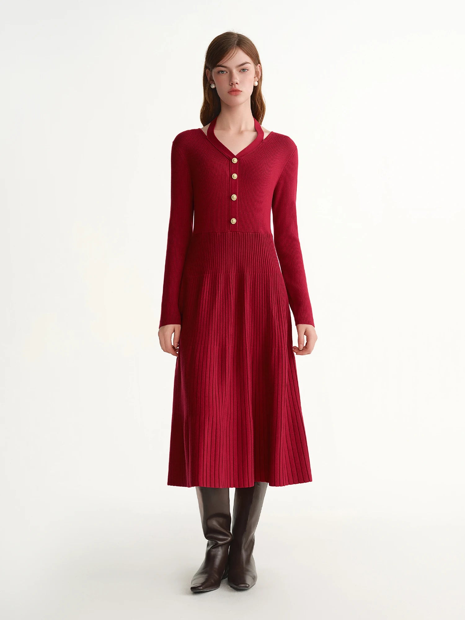 DUSHU Plus-Size Halter Neck V-neck Knit Dress Women Slimming Midi Length Autumn and Winter New Year Red Commuting Streetwear