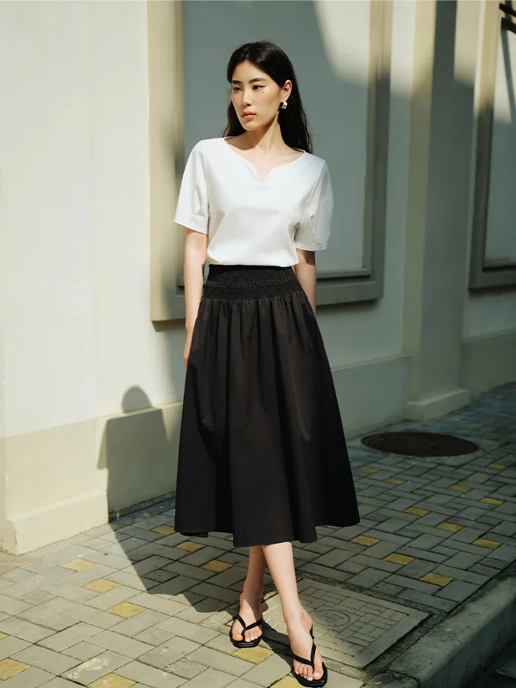 DUSHU Summer Unique Design Elegant Casual Versatile Women White T-Shirt 2024 New Drop Collar Exquisite Top For Female 24DS82350