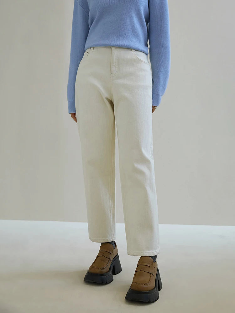 DUSHU 94.3% Cotton Denim White Women Tapered Jeans 2023 Winter New Casual Brushed Fleece Smoke Gray Women Jean Cropped Pants