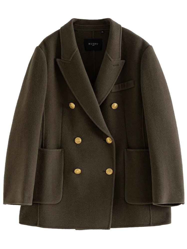 DUSHU Commuter Vintage Style 100% Wool Double-faced Double breasted Woolen Coat for Women Winter New Handmade Wool Jacket Female