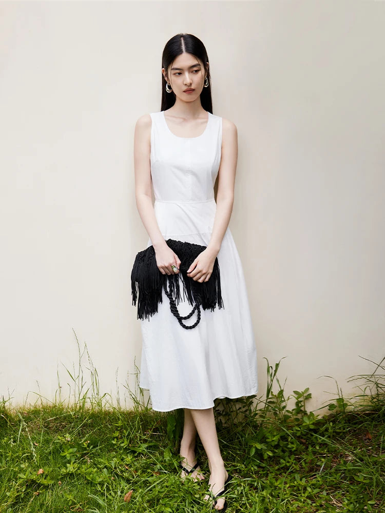 DUSHU White Sleeveless Women Summer Long Dress Cotton Blend Simple Temperament Blue Office Lady Big Hem Dress 24DS82849