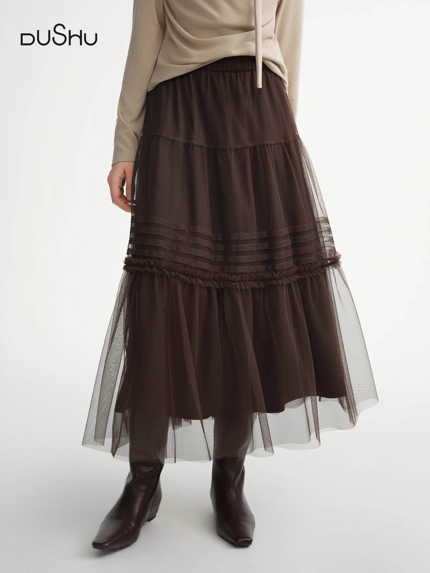 DUSHU Three-color Ruffled Mesh Skirt Women Pleated Mesh Straight Skirt Fairy Retro Gothic Cool Girls Elastic Waist Loose Fit
