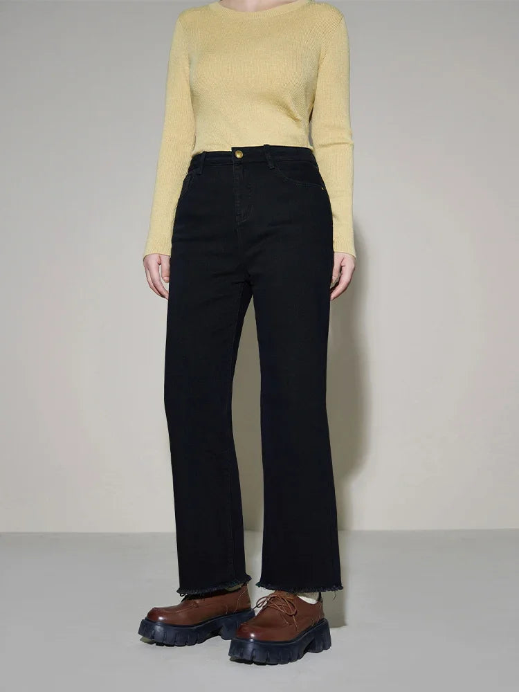 DUSHU High Waist Women Winter New Cotton Elastic Fleece Straight Jeans Denim Black All-Match Thicken Warm Cropped Female Jean