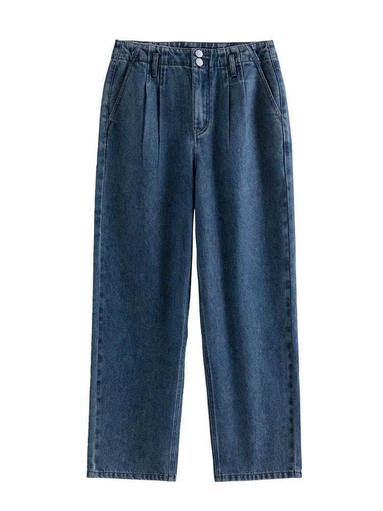 DUSHU 【2 Colors】Three-proof Fabric Women Tapered Jeans Denim White Retro Pleated Design Female Cropped Jean 24DS81133