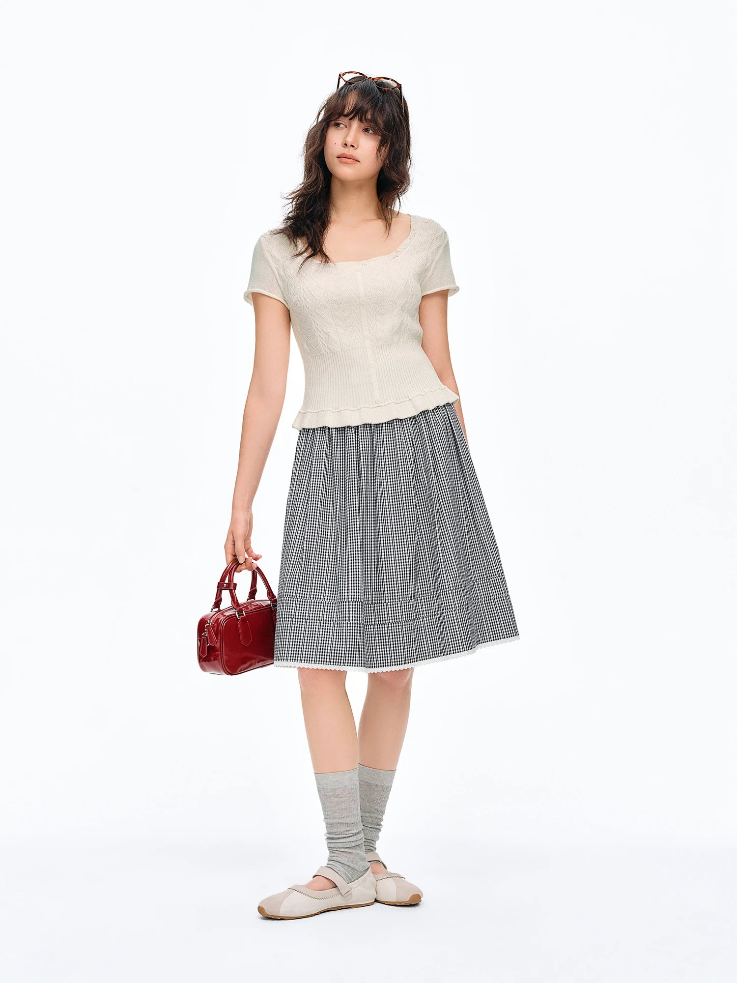 DUSHU 2026 New Summer Women's Black White Plaid Midi Skirt, Slimming A-Line Layered Skirt for Y2K Retro & Preppy Style Chic