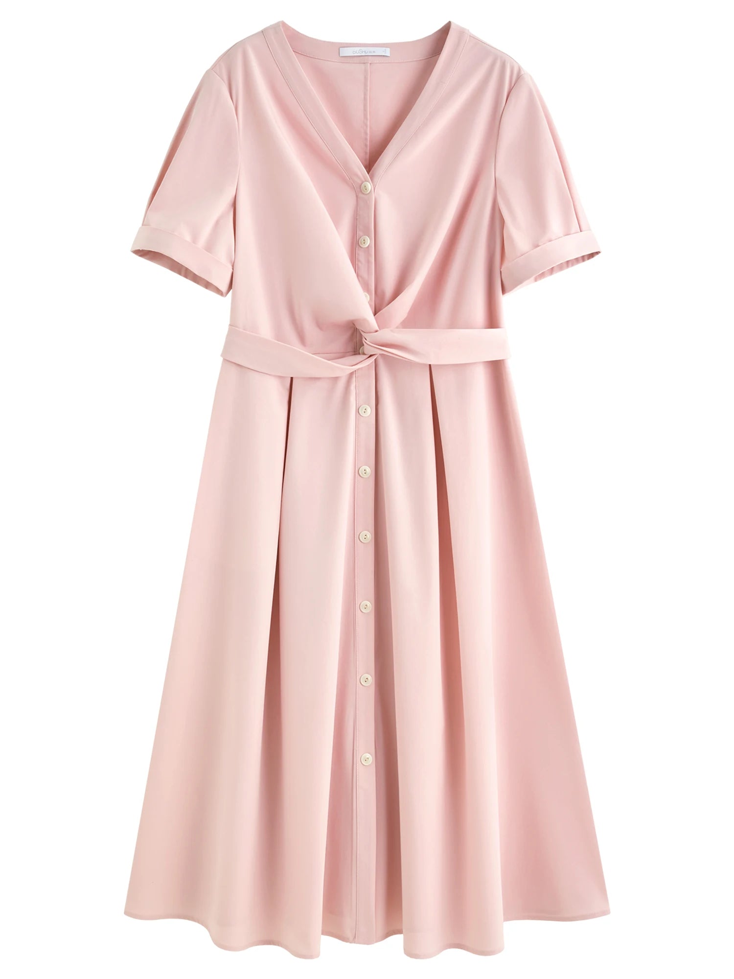 DUSHU Women's Simple Design Knot Pink Dress Plus Size Female 2025 Summer Dress French Style Elegant 25DS82367