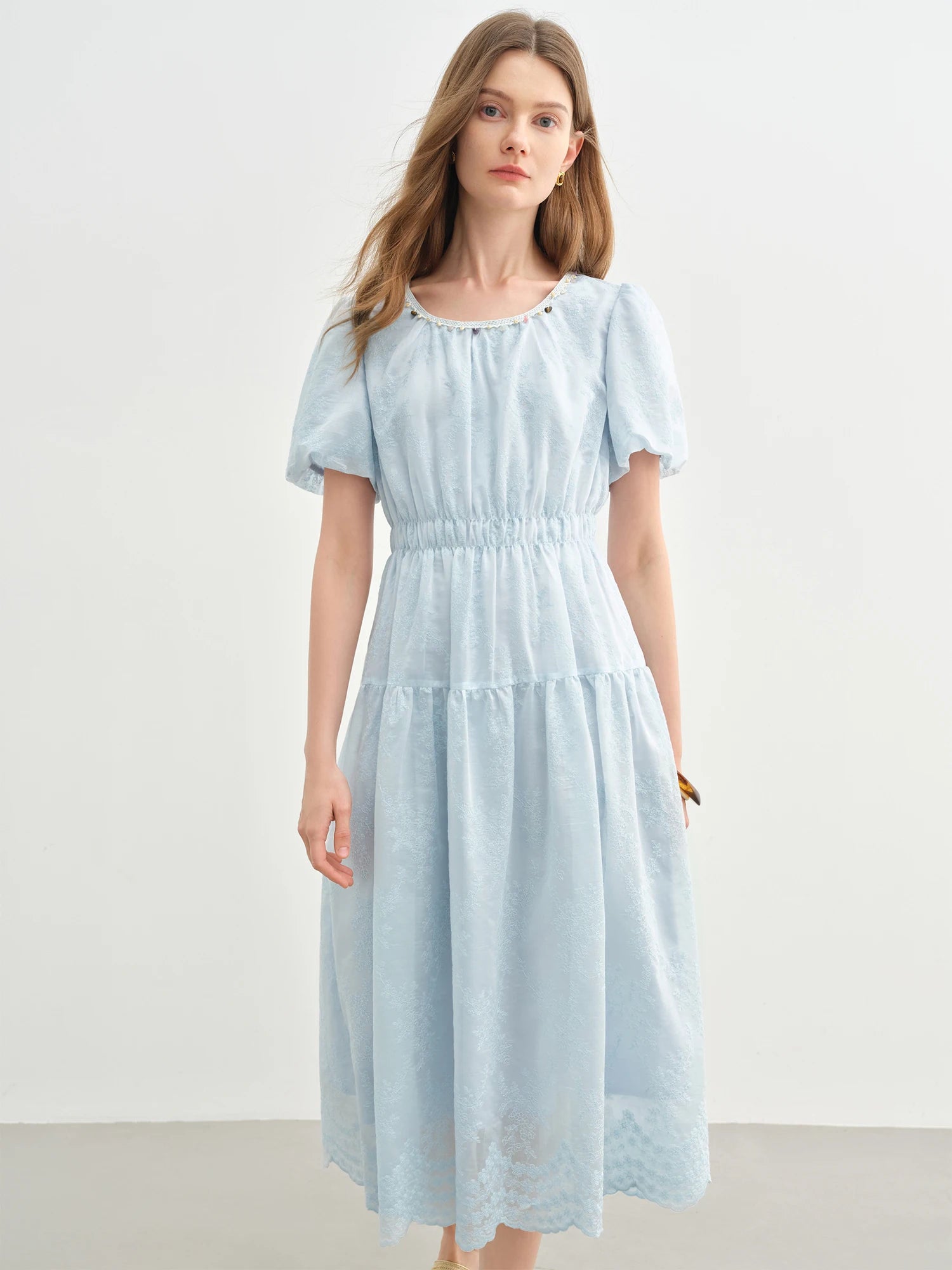 DUSHU Holiday Season Women Embroidered Long Dress 2025 Summer New Arrival Lantern Puff Sleeve High Waist Slim Dress 25DS82746