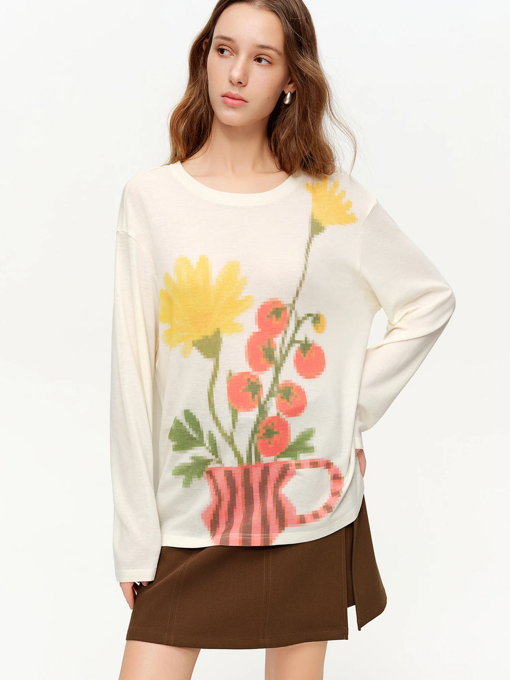 DUSHU Women Floral Art Retro Print Knit T-Shirt 2026 Spring New Arrival Floral Design Loose Casual Slim-Fitting Top Long Sleeve