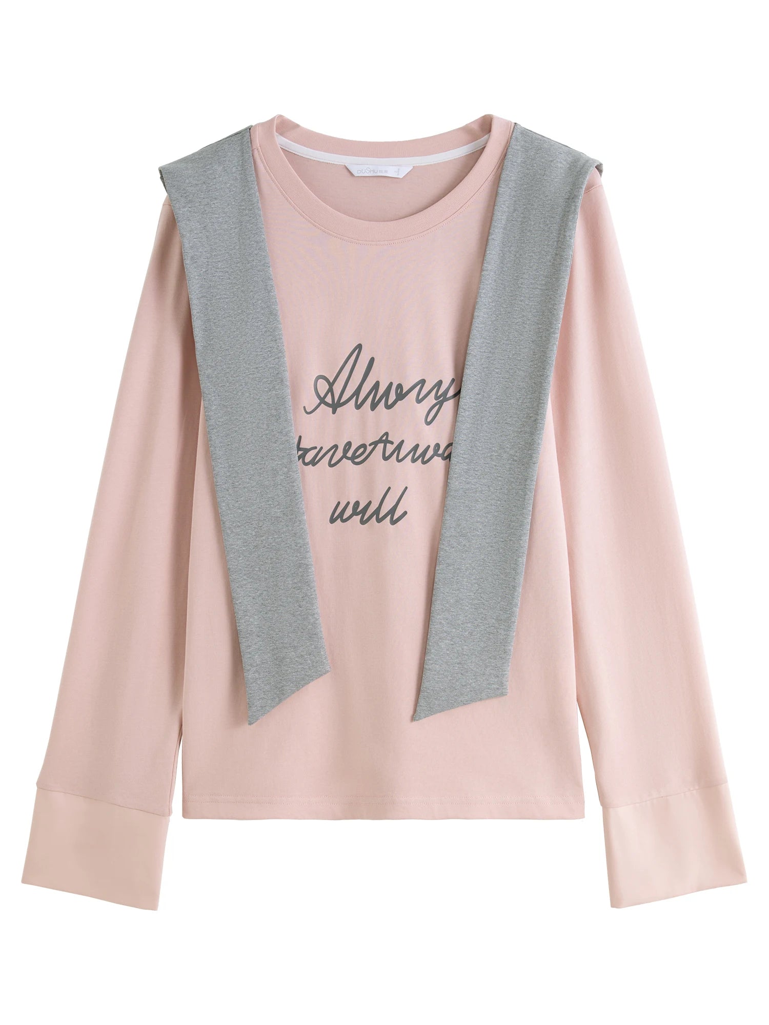 DUSHU Plus Size Shawl Loose Letter Print Long-sleeved T-shirt For Women 2025 Spring Commuting Fashion All-match Top 25DS81071
