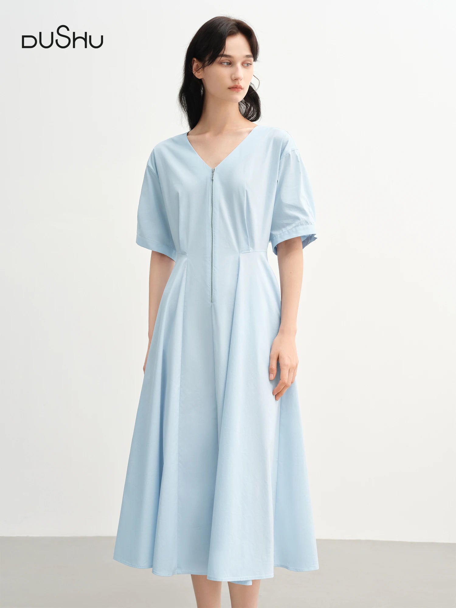DUSHU 2025 Summer Women Curve-Flattering V-Neck Maxi Dress - Streamlined Zipper Back & Breathable Chiffon for Office-to-Outing