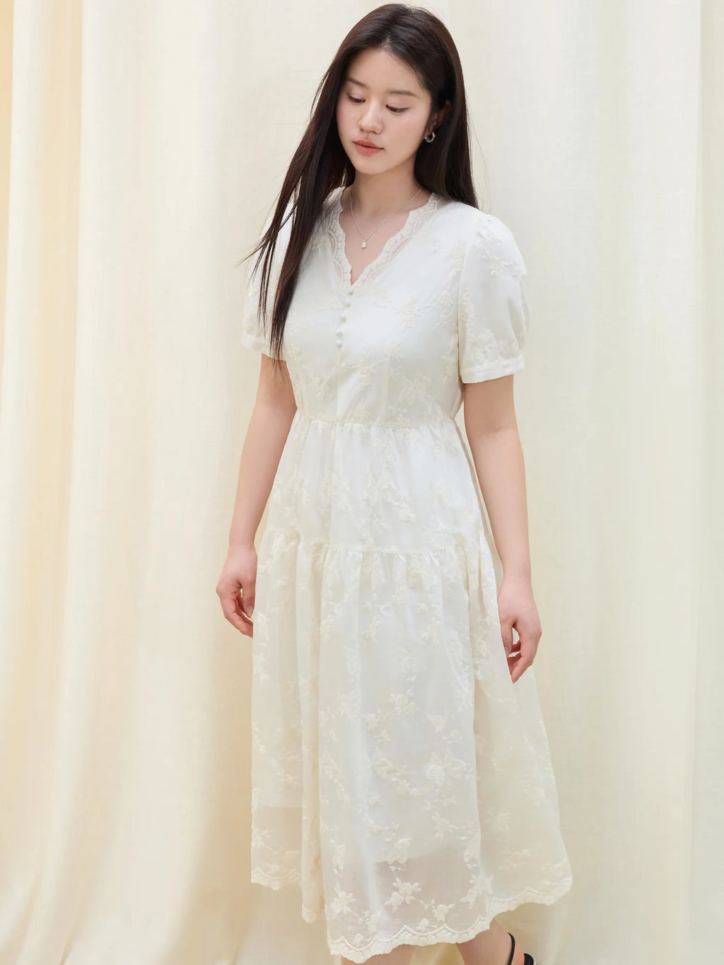 DUSHU Women Beige Dress Gentle Style Short Sleeve V-Neck Long Lace Lyocell Dresses 2025 Summer X-LINE Dress 25DS81330