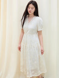 DUSHU Women Beige Dress Gentle Style Short Sleeve V-Neck Long Lace Lyocell Dresses 2025 Summer X-LINE Dress 25DS81330