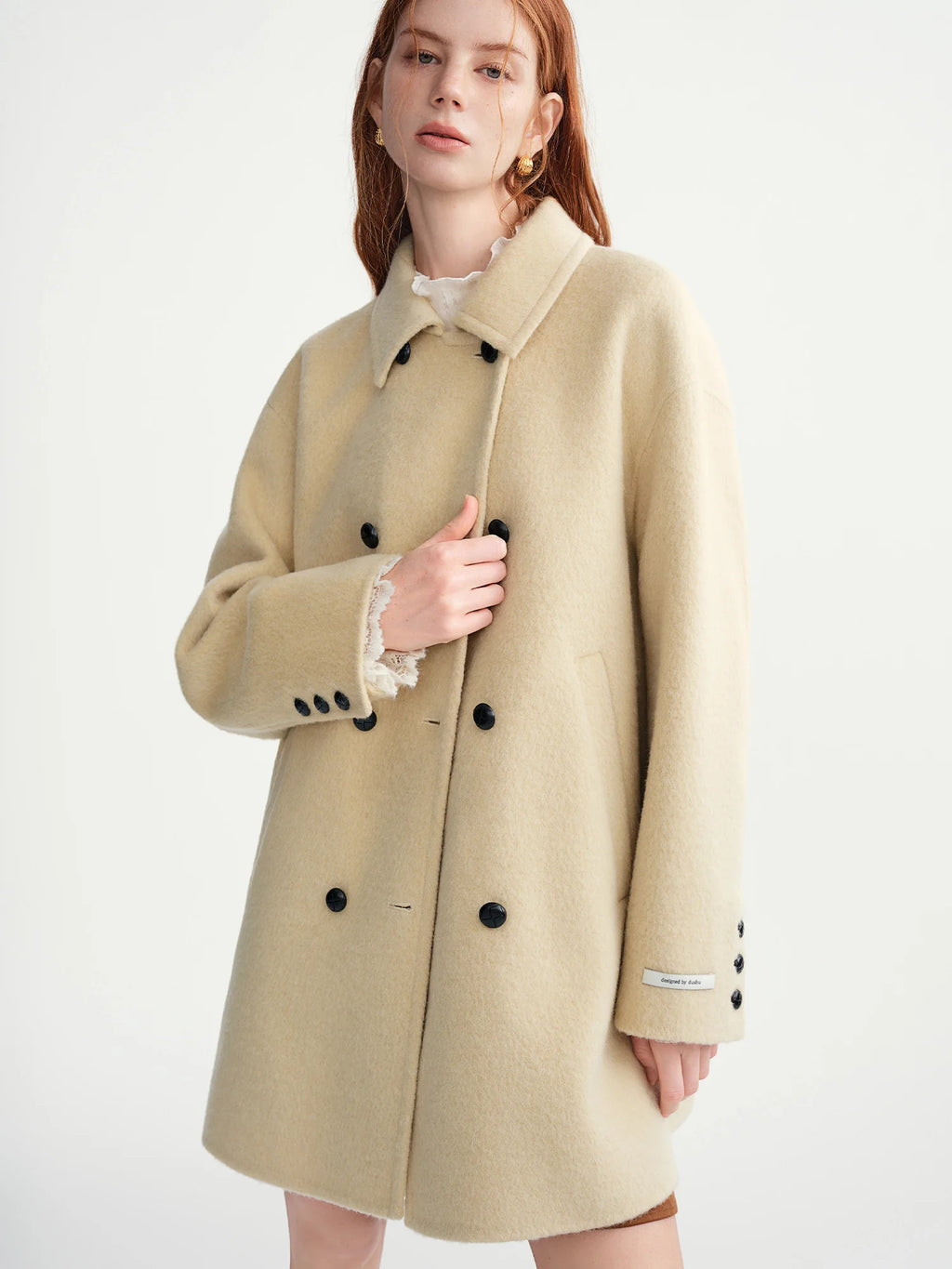 DUSHU 2025 Women's Contrast Color Double Breasted Wool Coat Winter Warm Double Faced Tweed Overcoat Elegant Loose Fit Outerwear