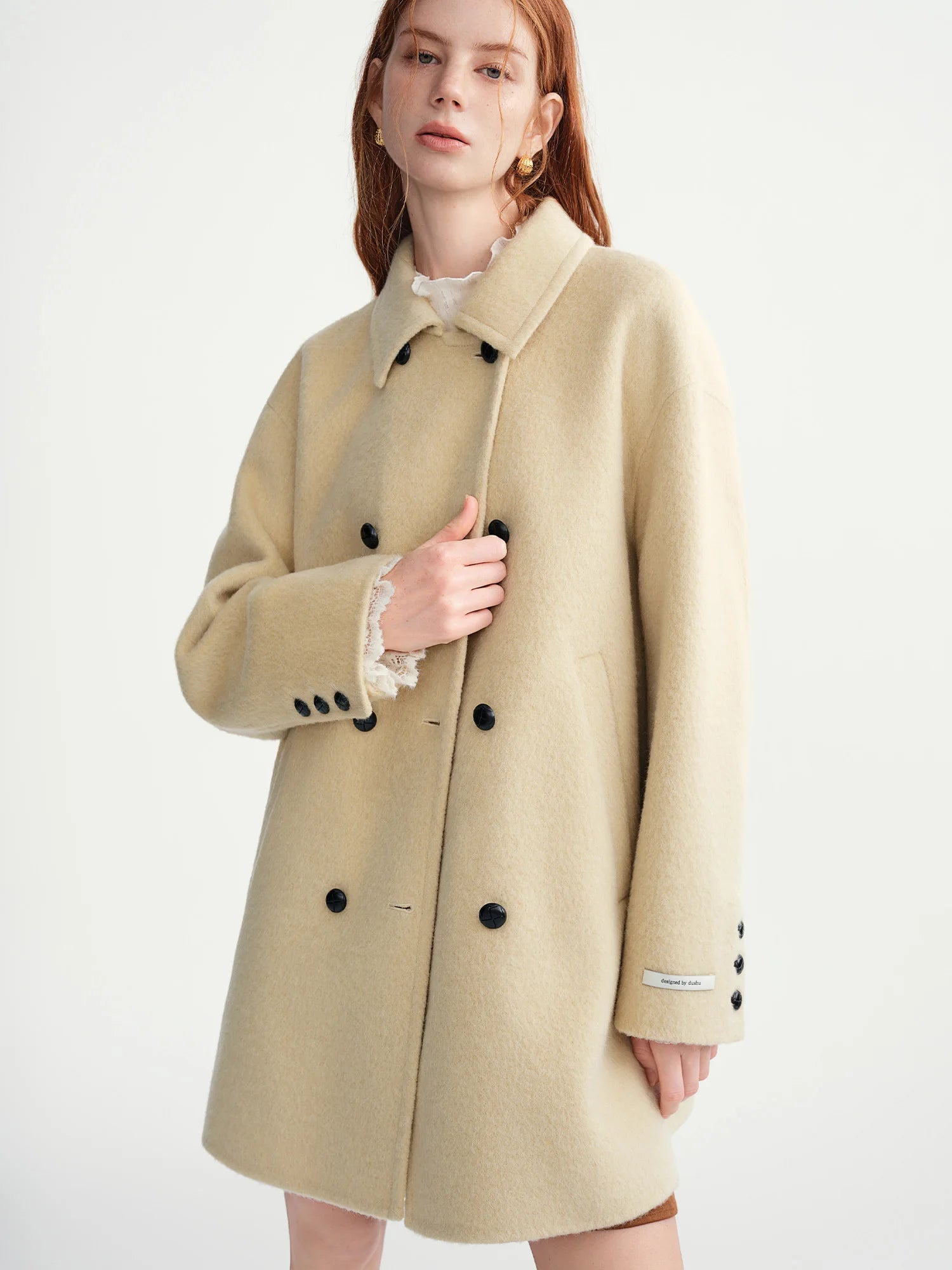 DUSHU 2025 Women's Contrast Color Double Breasted Wool Coat Winter Warm Double Faced Tweed Overcoat Elegant Loose Fit Outerwear