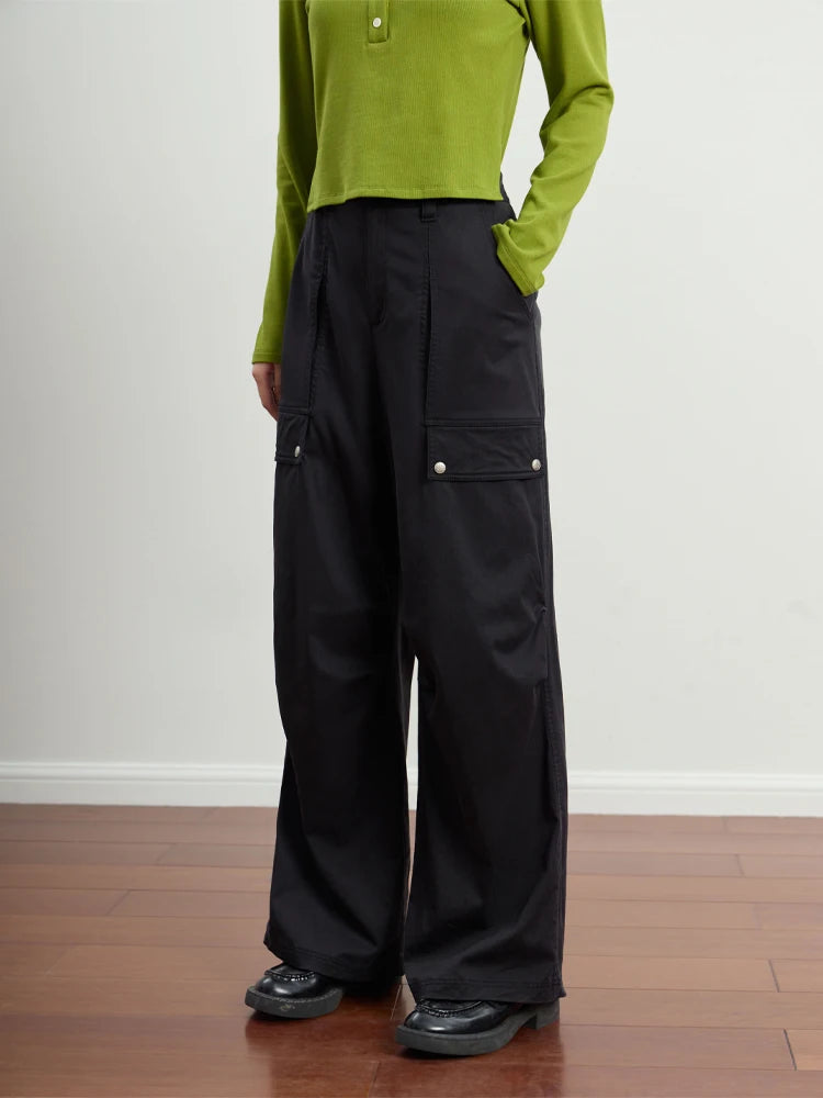 DUSHU Tooling Style Khaki Full Length Pants Pocket Decoration Women Cargo Pant Cotton Black Twill Denim Pant Female 2023 Jean