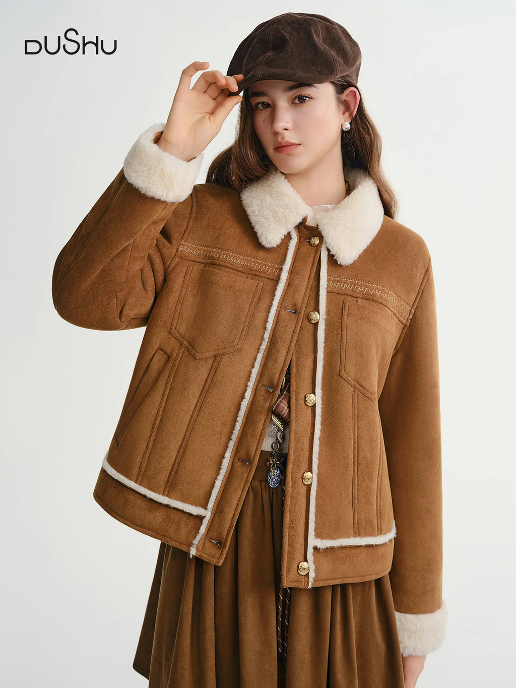 DUSHU Retro Fur Coat Women 2025 New Warm Turn Down Collar Jackets American Style Streetwear Chic Ins Winter