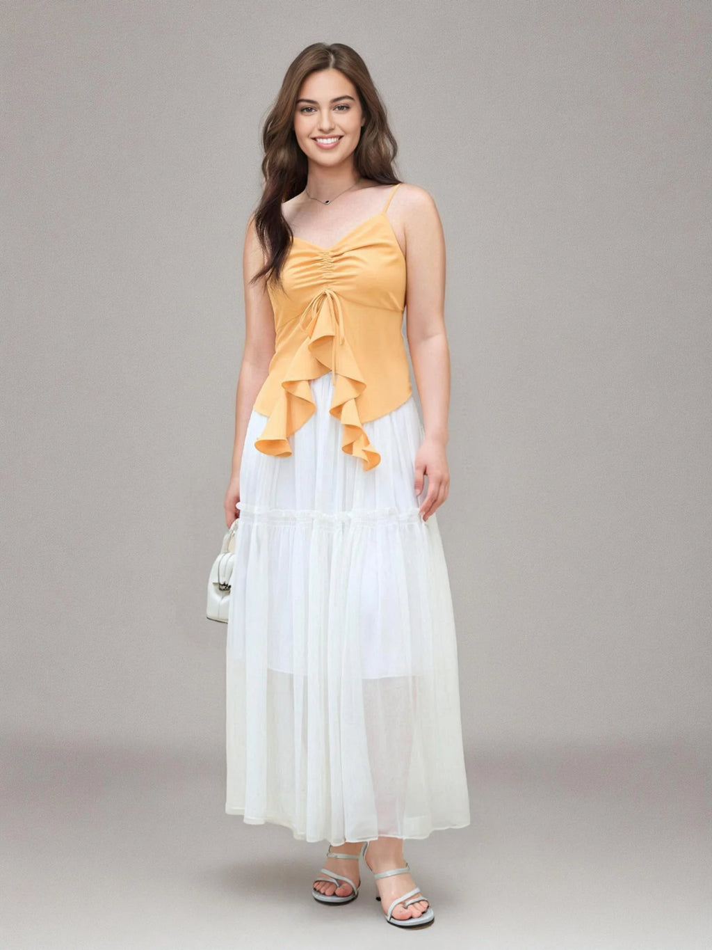 DUSHU Plus Size Women Clothing Fairy Drape Elegant Mesh Skirt 2025 Summer New Arrival White Romantic Skirt for Women 25DS82503