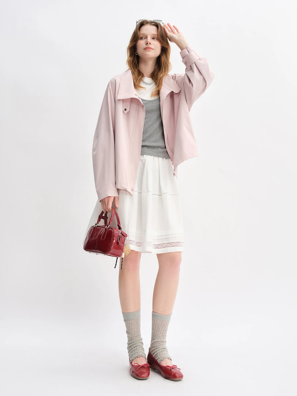 DUSHU Autumn 2025 Women's Pink Cropped Jacket - Relaxed Fit Drawstring Hem Casual Short Outerwear Lightweight Windbreaker Top