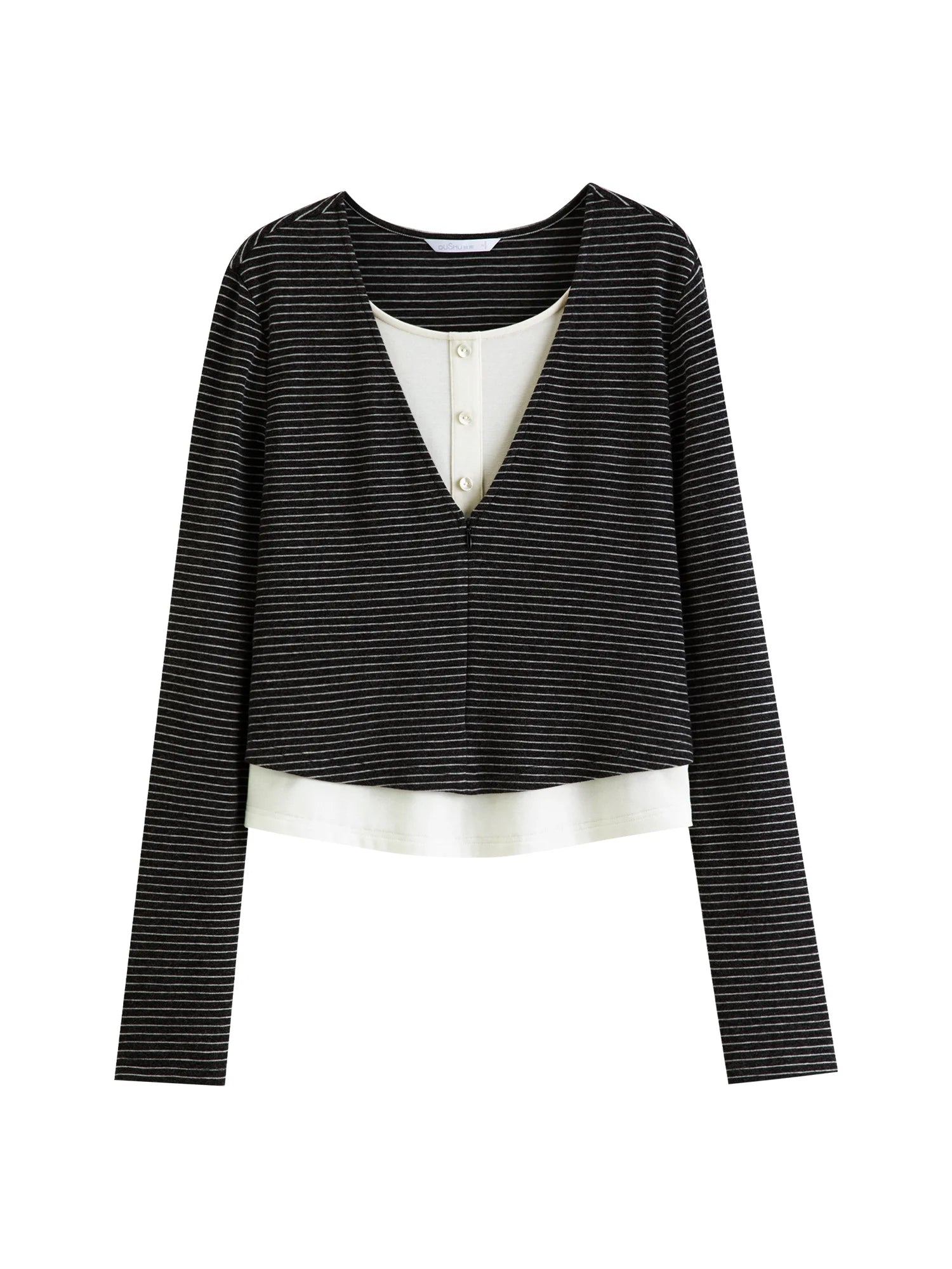 DUSHU Women Layered Design Bold Color Clash Mock Two-Piece Long-Sleeve Turtleneck Casual Versatile Flattering Slimming Top