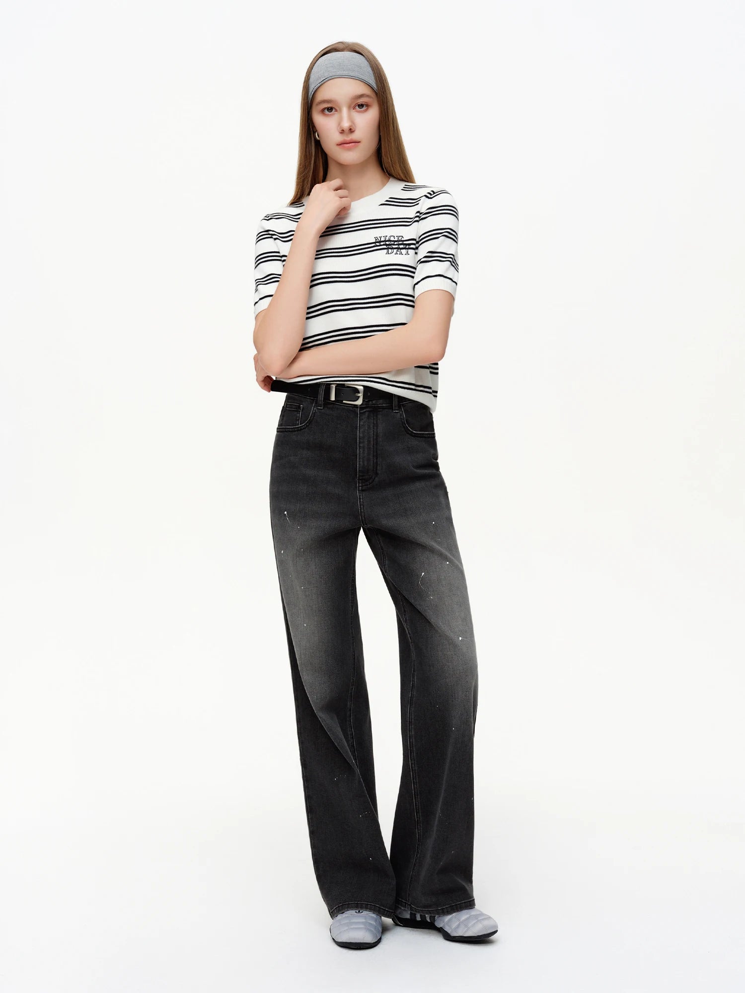 DUSHU 【Ink-Blotted Vintage-Style Jeans】2026 Spring New Arrival Slim-Fit Straight-Leg for Women Floor Lenghth Straight leg jeans