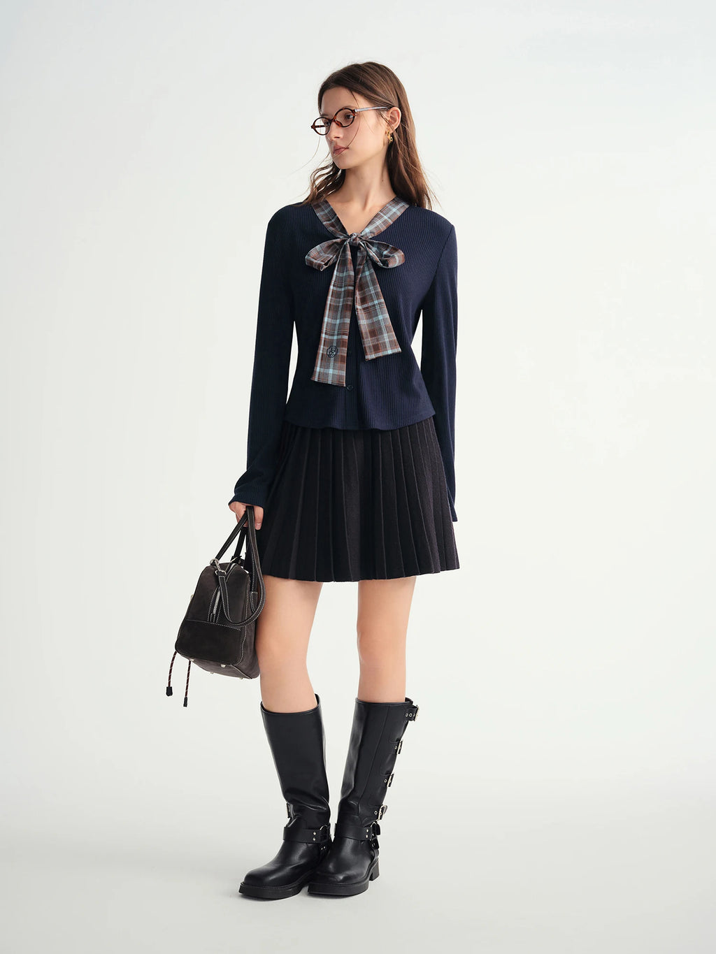 DUSHU Autumn Winter 2025 Women's Plaid Mock Layer Knit Cardigan - Tartan Print Tie Collar Casual Coatigan Versatile Top