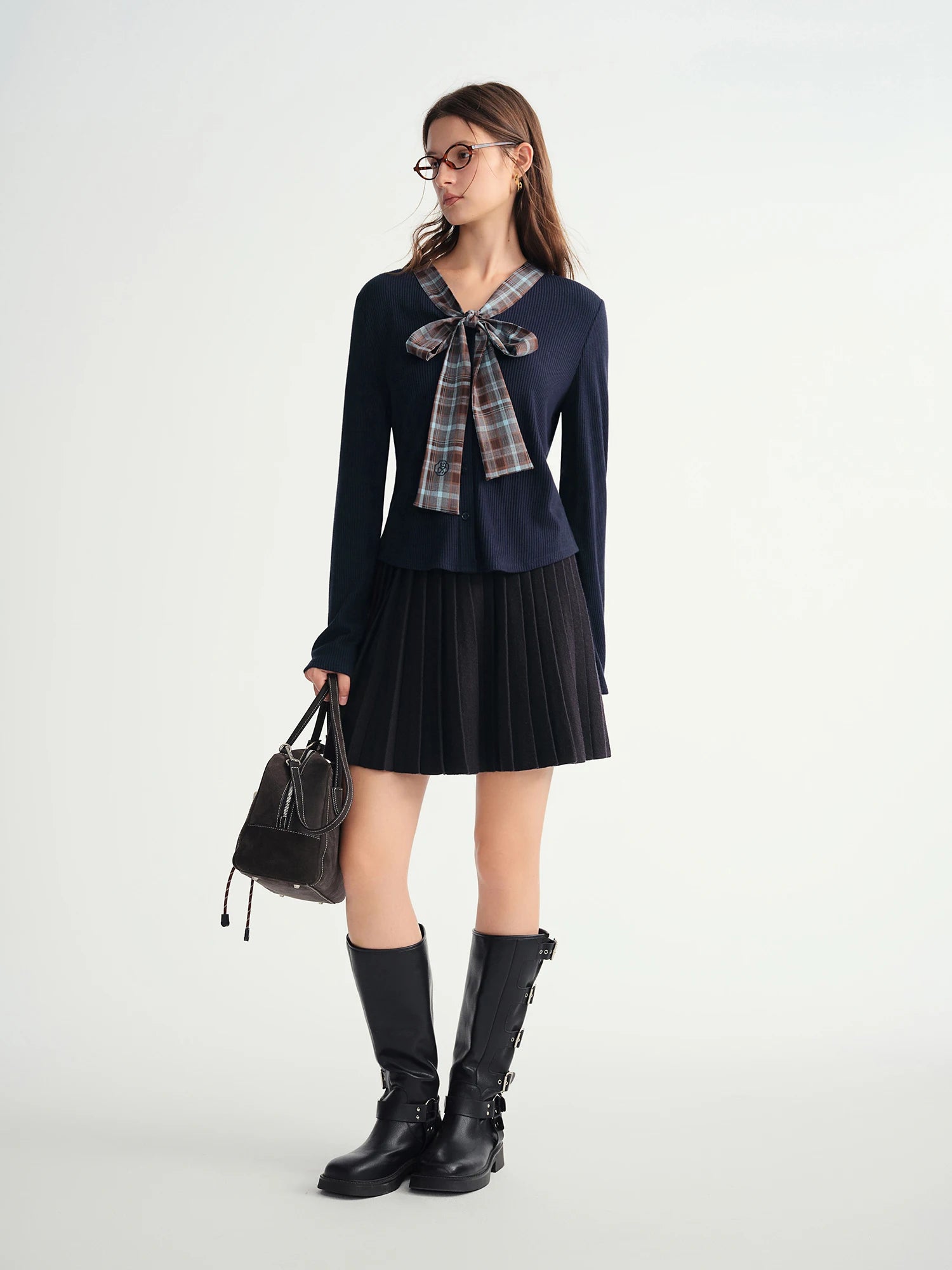 DUSHU Autumn Winter 2025 Women's Plaid Mock Layer Knit Cardigan - Tartan Print Tie Collar Casual Coatigan Versatile Top