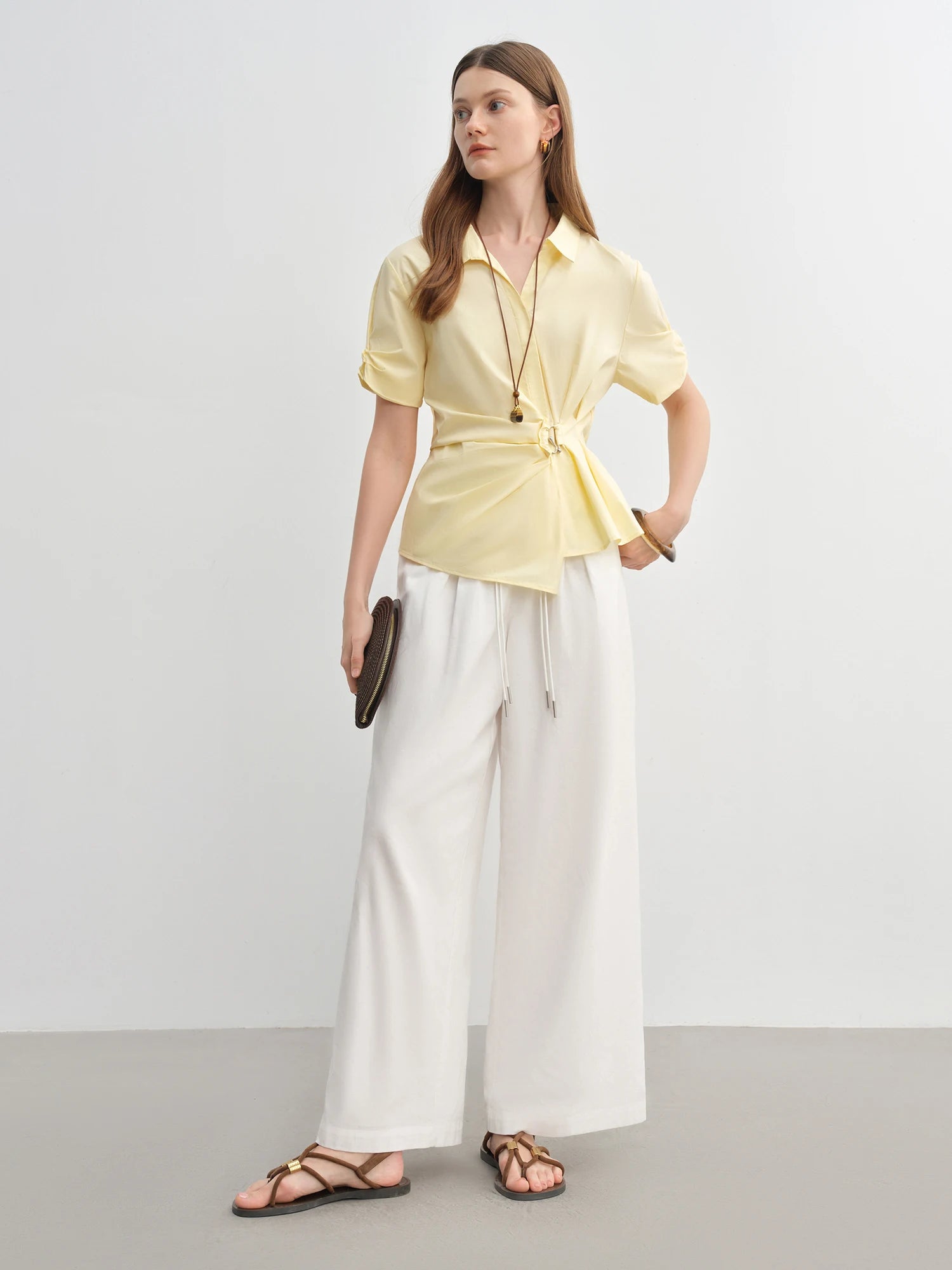DUSHU 2025 Summer Women's Curve-Sculpting Wrap-Styled Blouse - Adjustable Metallic Ring & Breathable Linen for Office Chic