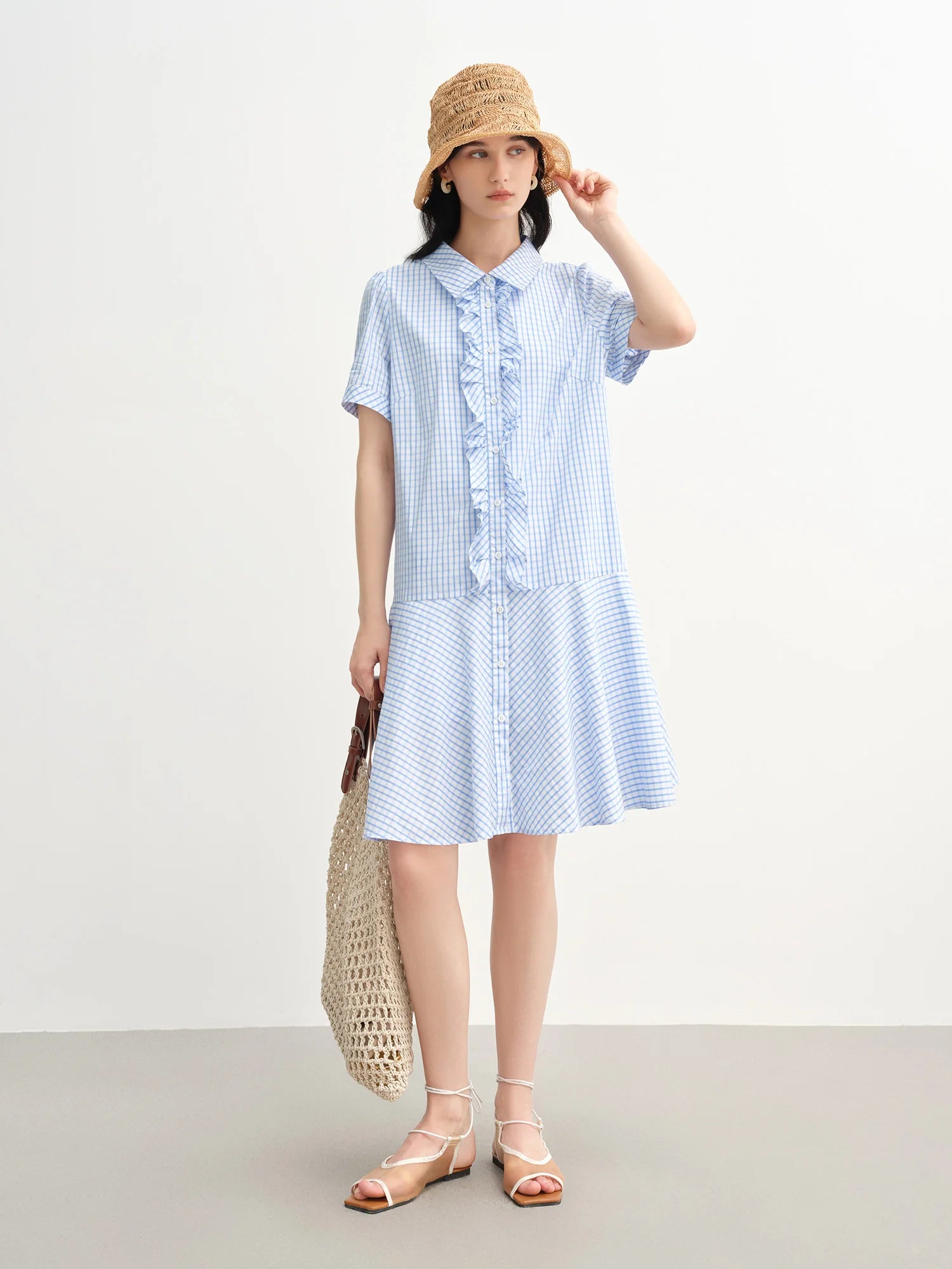 DUSHU Ruffled Decorative Plaid Shirt Dress For Women 2025 Summer New Arrival Commuter Temperament Blue Dress 25DS82381
