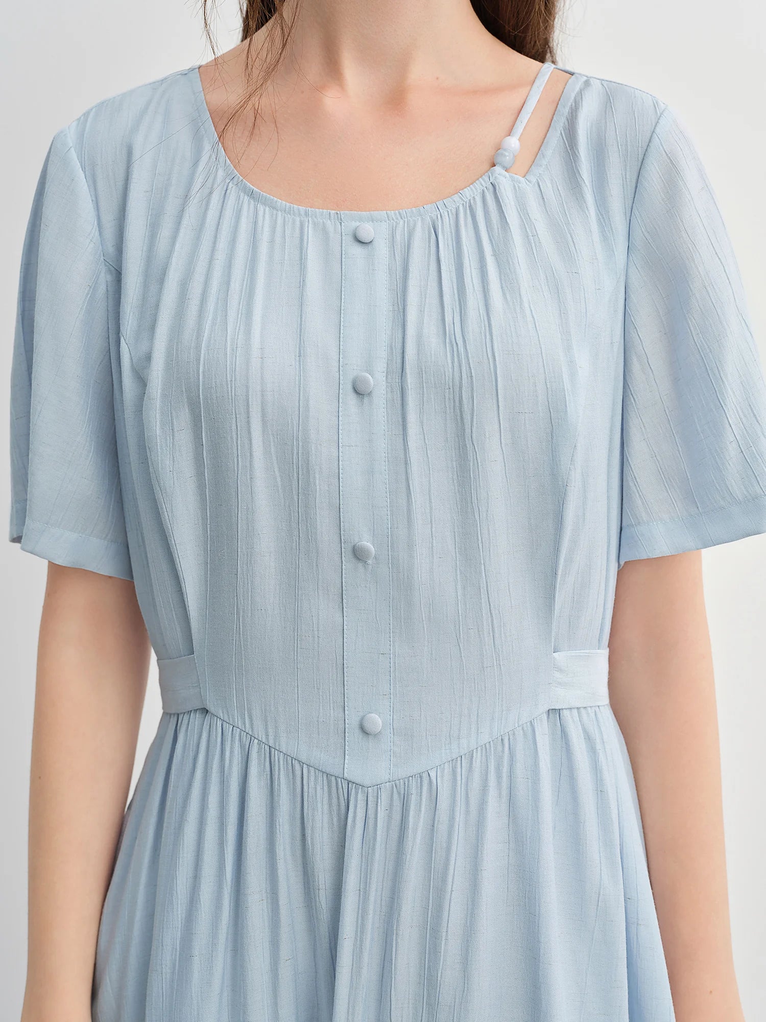 DUSHU Commuter Simple Dress 2025 Summer New Beaded Round Neck Tie Waist Slim MIdi-length Dress 25DS82976