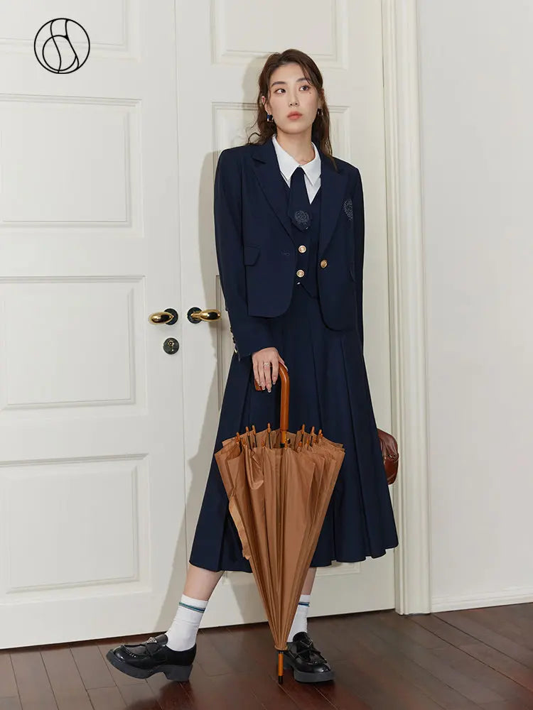 DUSHU College Style Short Blazer Coat Fashion Two Piece Suit for Women Literary Retro Spring New High Waist Half Pleated Skirt