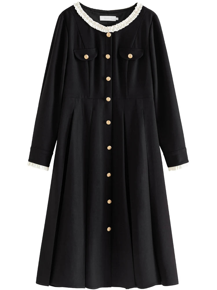DUSHU Sweet Romantic Waist Pulling Dress Winter 2023 New Hepburn Style Temperament Black Dress Casual Loose Women Dress
