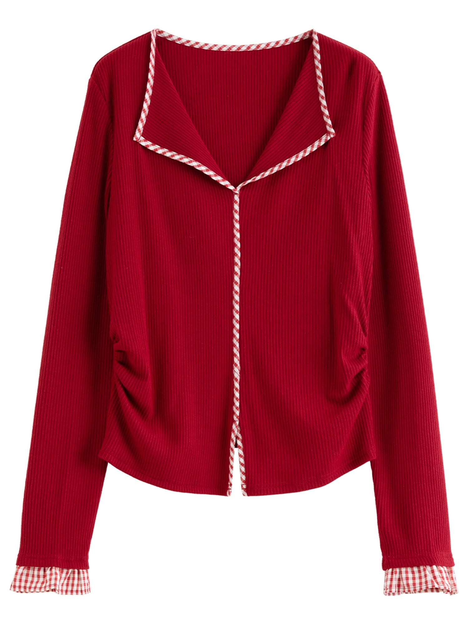 DUSHU 2026 Plus Size Spring New Women's Knit Top, Minimalist Plaid Color Block Long Sleeve Shirt, Y2K Retro Basic Layering Tee
