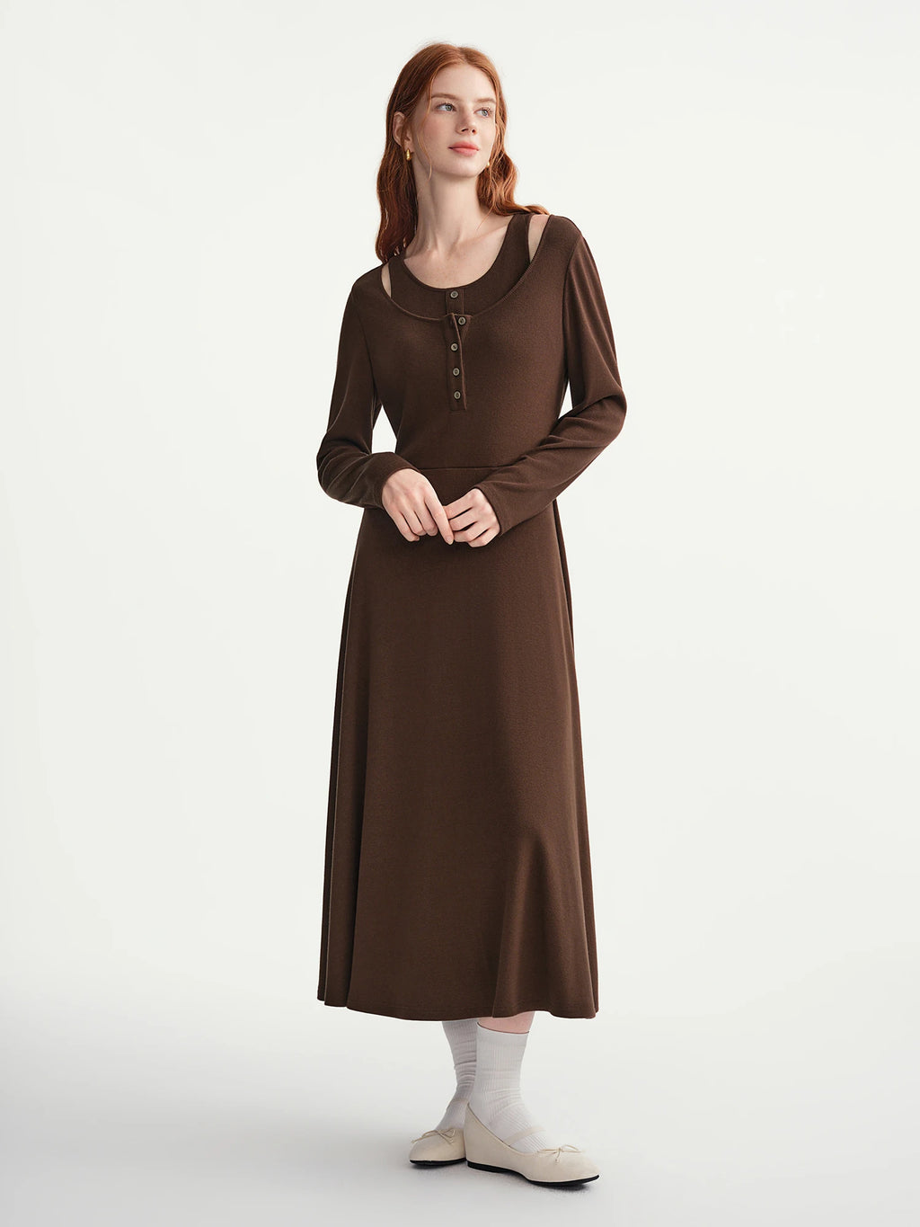 DUSHU Plus Women's Oat Coffee Two-Piece Styled Slim Fit Winter Layering Dress Plus-Size Slimming Stylish Retro-Inspired Design