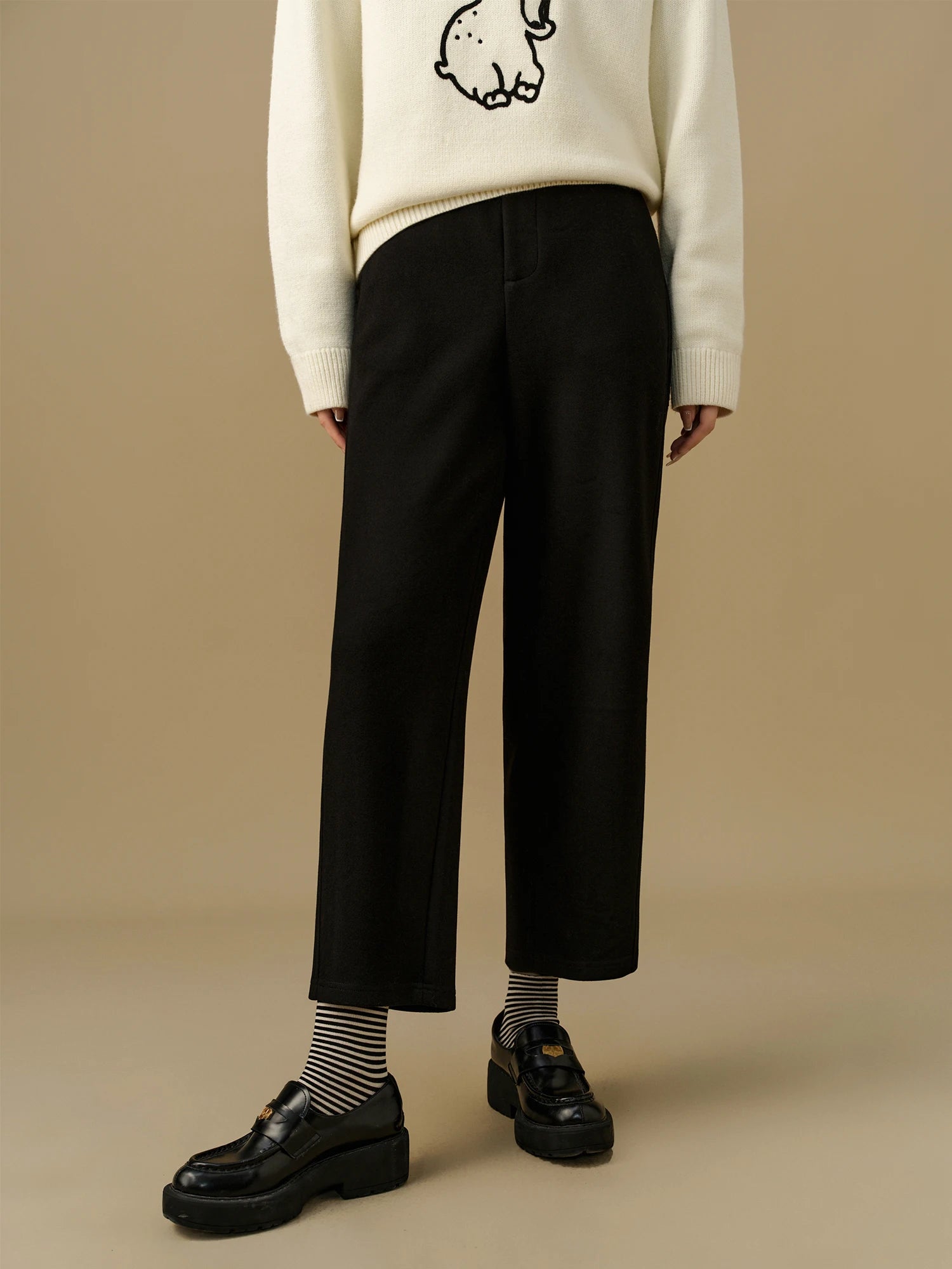 DUSHU Women Winter Trousers Thicken Cropped Office Lady Black Commuter Pants Brown Traped Winter Thick Casual Pant 24DS84432