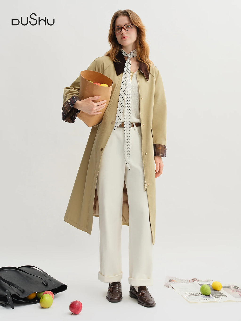 DUSHU Khaki Retro Barn Style Long and Short Trench Coat Autumn New Style 25DS83081+25DS83082