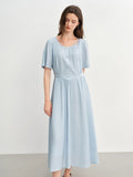 DUSHU Commuter Simple Dress 2025 Summer New Beaded Round Neck Tie Waist Slim MIdi-length Dress 25DS82976