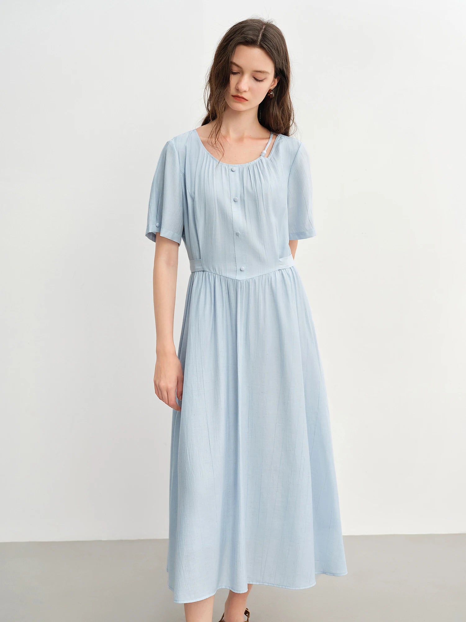 DUSHU Commuter Simple Dress 2025 Summer New Beaded Round Neck Tie Waist Slim MIdi-length Dress 25DS82976