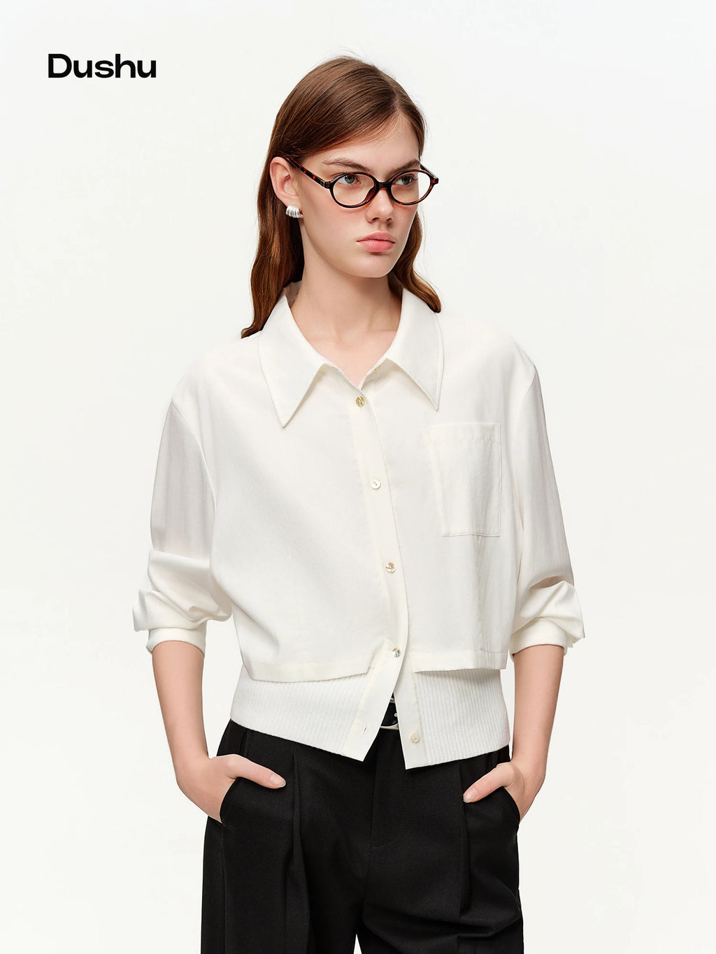 DUSHU 2026 Spring Women's Ribbed Panel Tri-Color Long Sleeve Shirt - Commute Ready Elegant Blouse Versatile Styling for Office