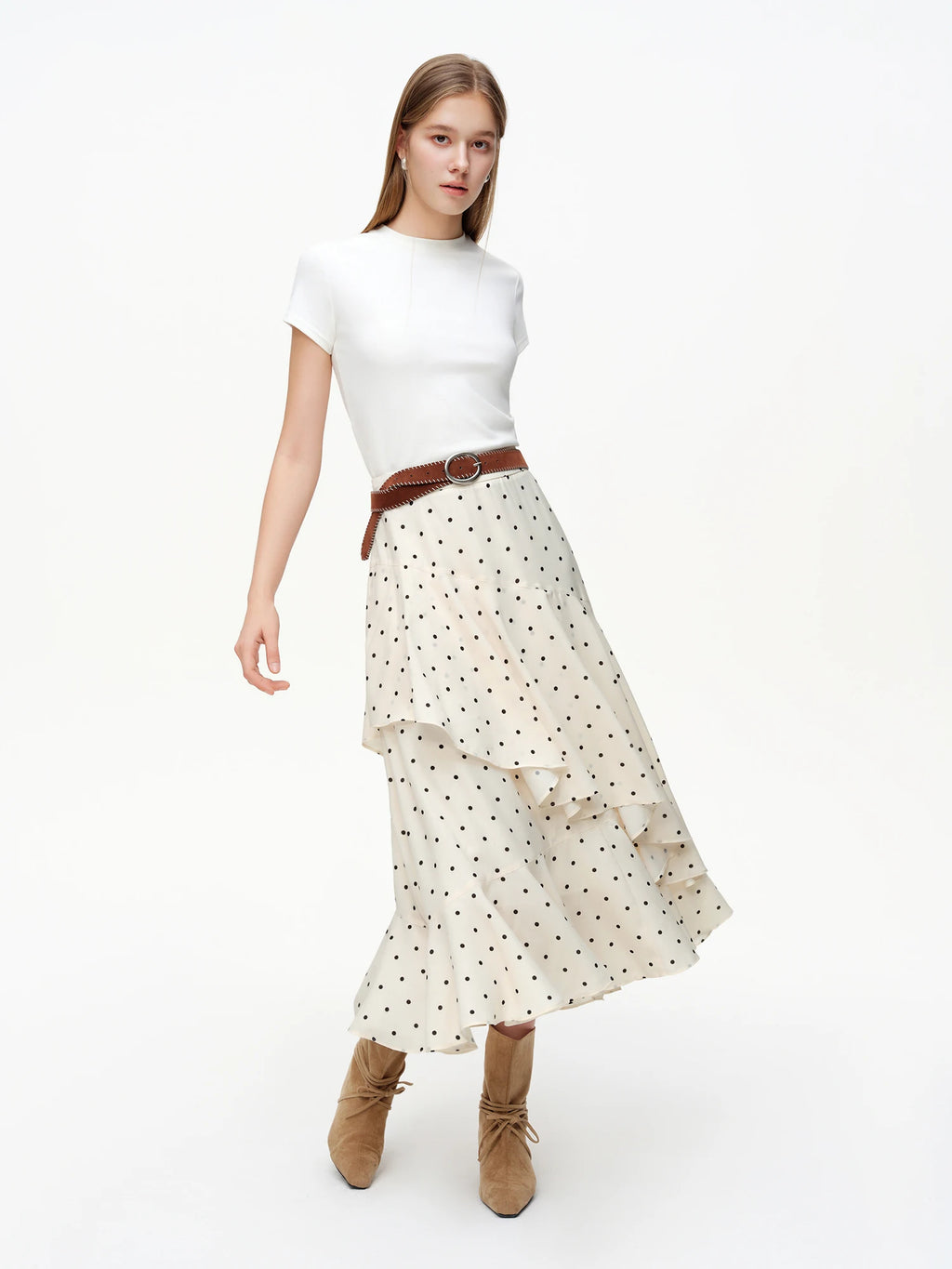 DUSHU 【Polka Dot Waltz】Women's Irregular Ruffled Hem Midi Skirt 2026 Spring New Arrival Skirt Collection Circular Dot Mini Skirt