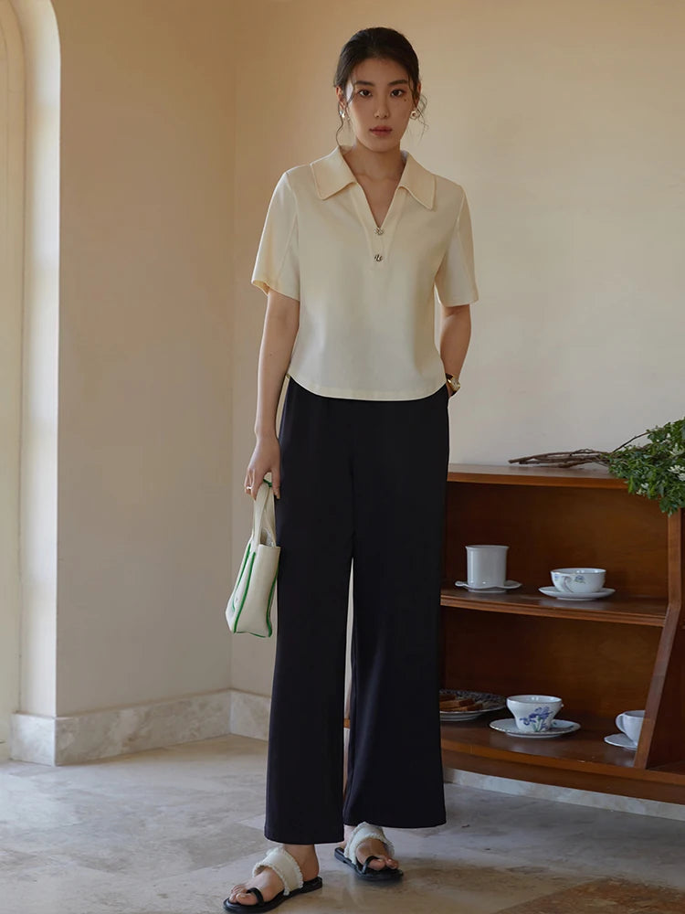 DUSHU Casual All-match Elastic Waist Coolness Pants for Women New Summer Wear Basic Straight Mopping Solid Color Pant Female