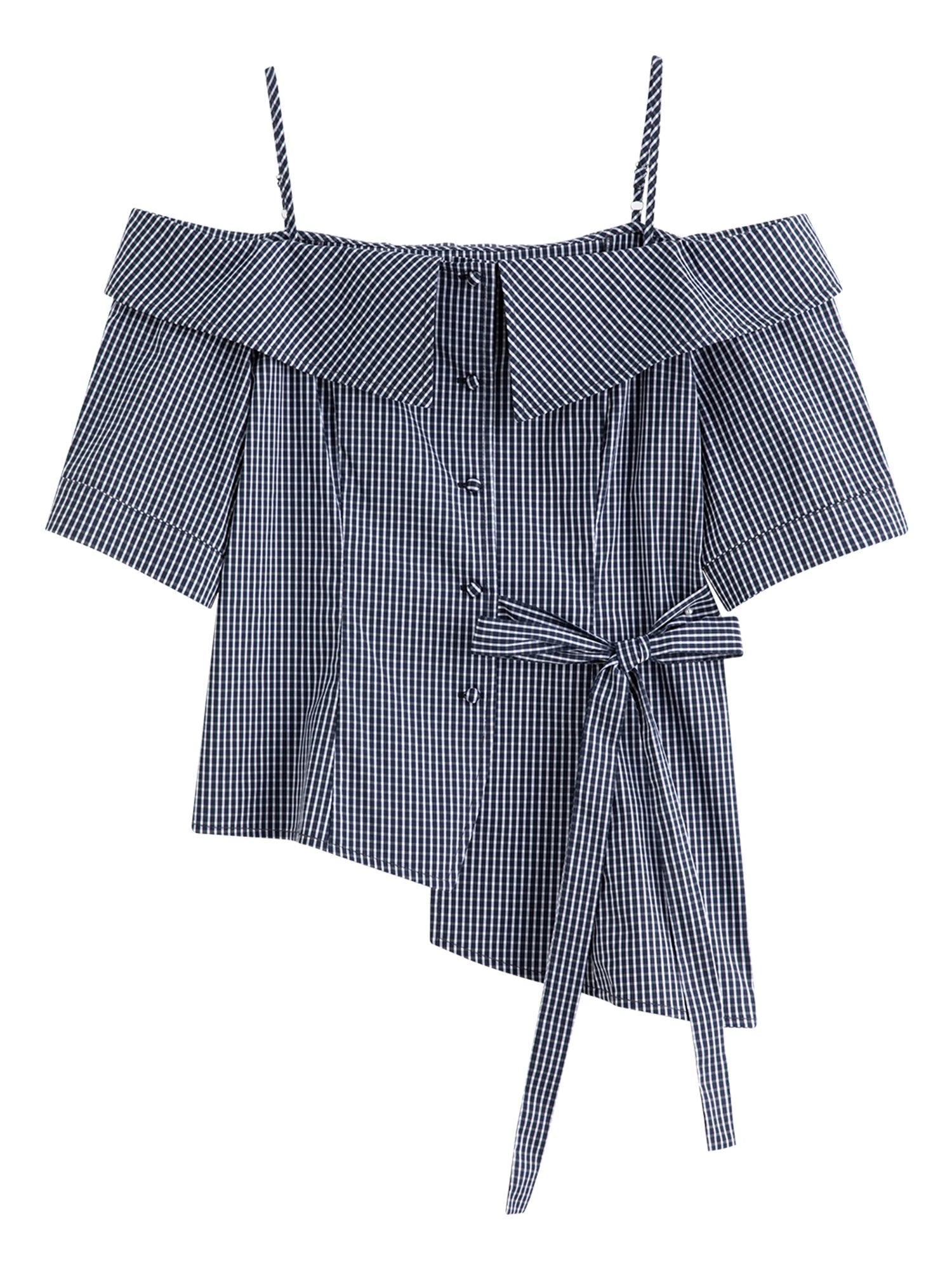 DUSHU 2025 Summer Women's Gingham Strappy Top - Adjustable Ties Short Sleeve Shirt with Flattering Silhouette & Design Details