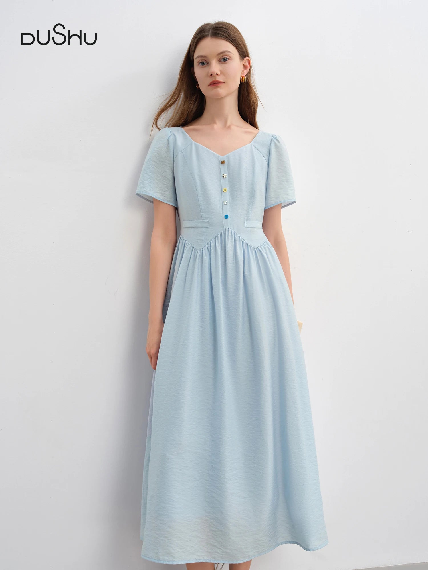 DUSHU Plus Size Women's Sea Salt & White Sand Holiday Style Colorful Button Dress Elegant Summer Long Dress 25DS82942