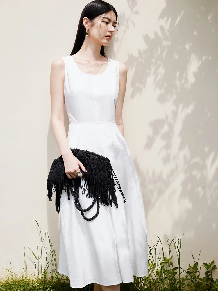 DUSHU White Sleeveless Women Summer Long Dress Cotton Blend Simple Temperament Blue Office Lady Big Hem Dress 24DS82849