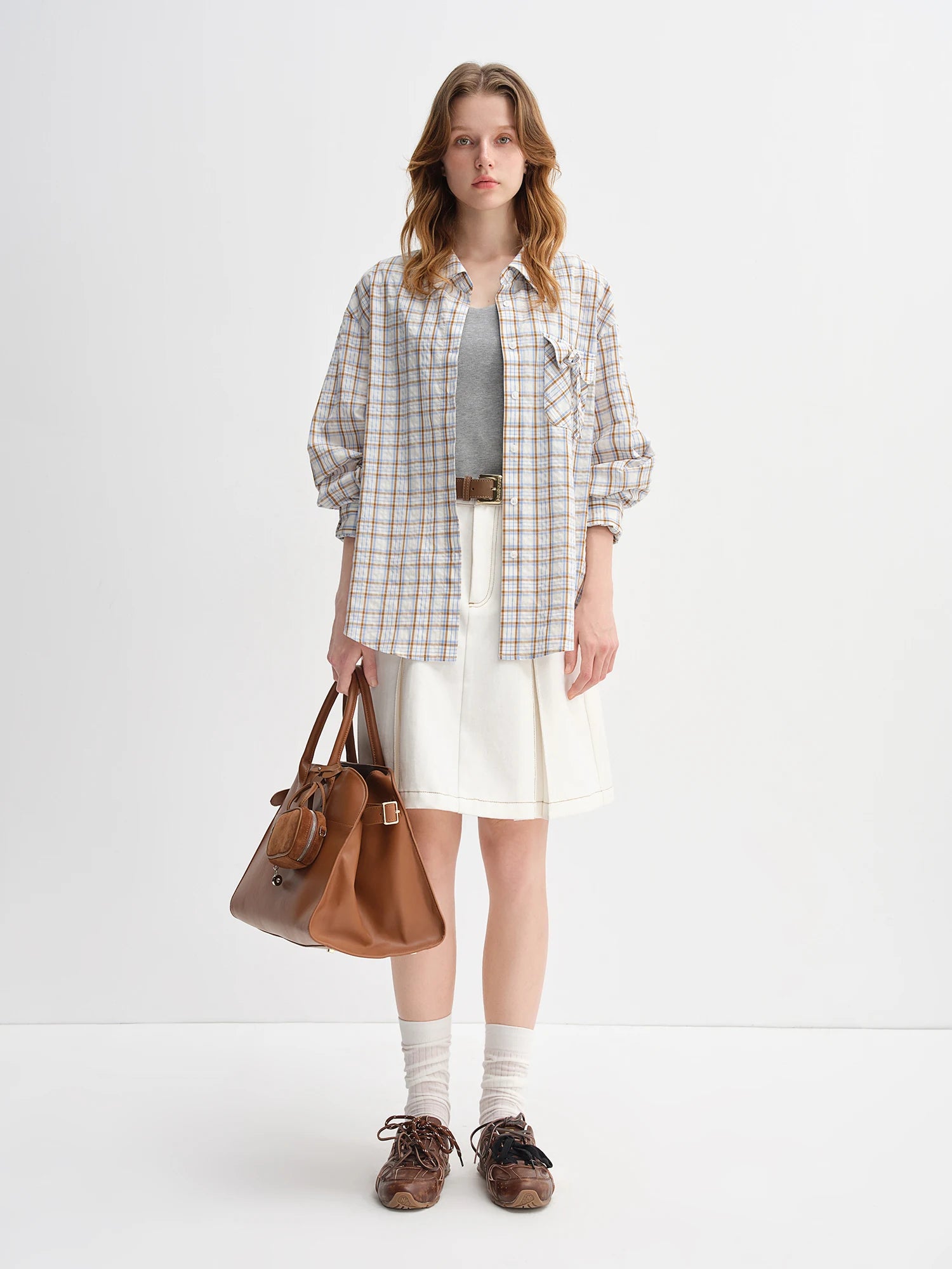 DUSHU Plus Size Women's Pocked Drawstring Plaid Collar Shirt Autumn 2025 New Arrival Top Women's Shirts 25DS83209
