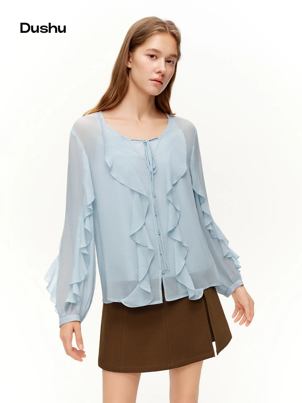 DUSHU 2026 Spring Women's Flounce Trim Blouse V-Neck Design - Elegant Flowy Chiffon Top for Office Commute and Casual Wear