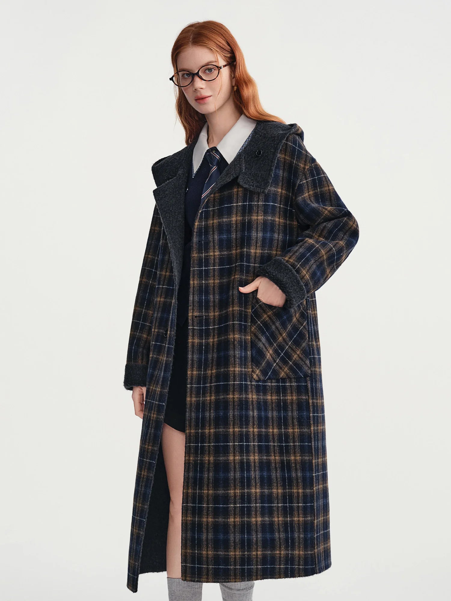DUSHU 2025 Women's Reversible Hooded Wool Blend Coat Double Faced Trench Parka British Style Outerwear Casual Long Sleeve