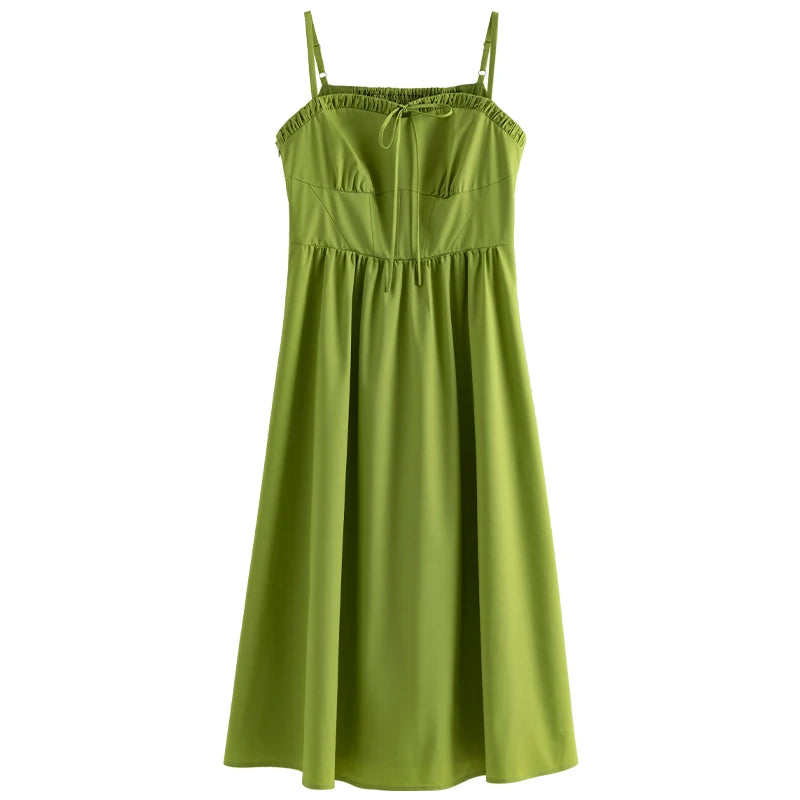 DUSHU Gentle Temperament Camisole Dress New High Waisted Slimming Holiday Style For Summer 2024 Green Women Dress 24DS82285