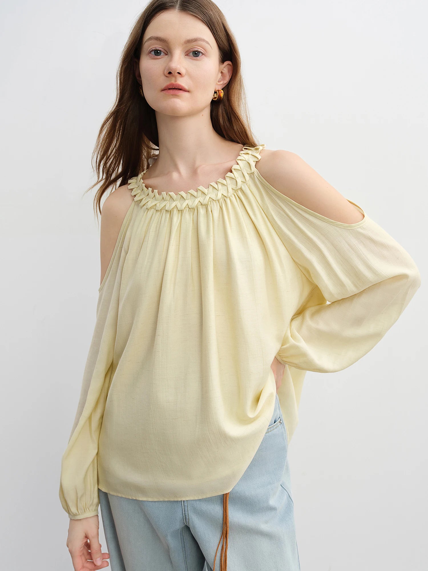 DUSHU Women's Artistic Halter Collar Off Shoulder Lantern Sleeve Blouse Summer New High-end Fashion Shirt 25DS82993