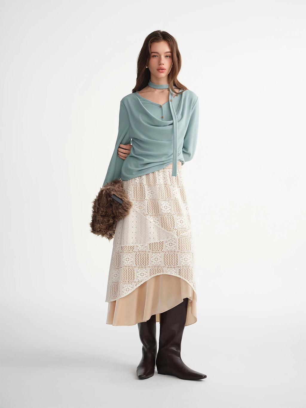 DUSHU Plus-Size Women Soft Blossoms Double Layer Lace Crochet Asymmetric Skirt Elegant Stylish Design Inspired Retro Fashion